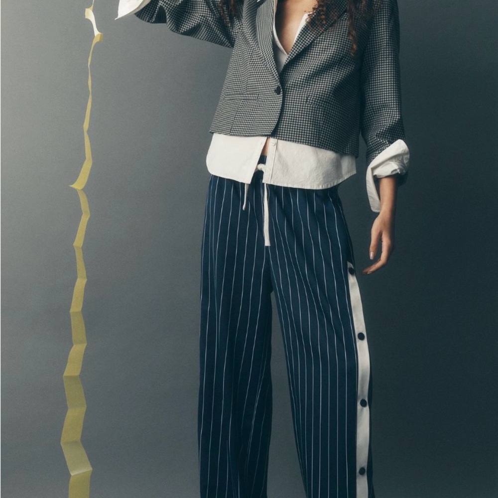 Steve Madden Beckham Striped Navy Wide-Leg Track Pants drawstring snap side